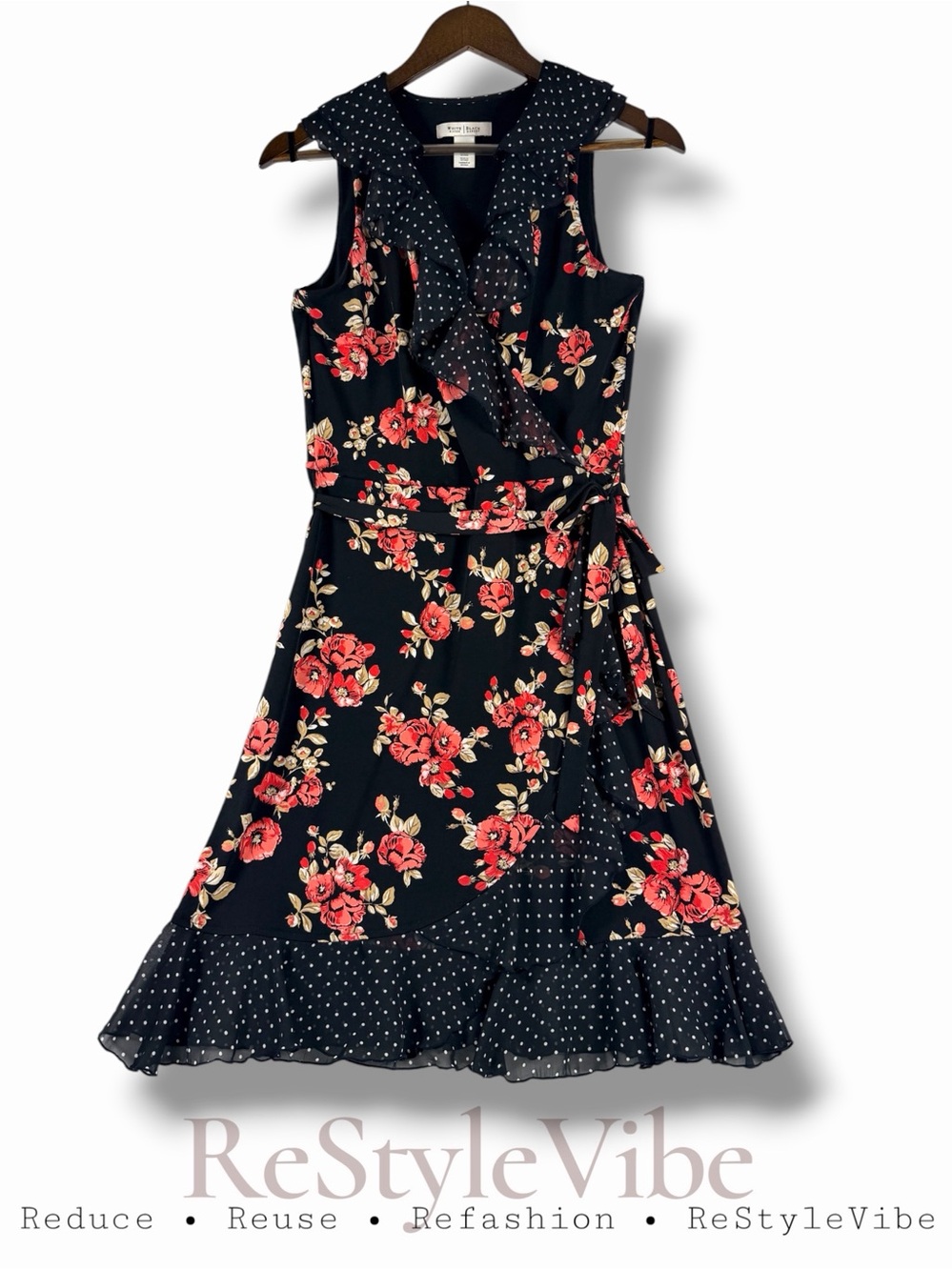 WHITE HOUSE BLACK MARKET Women’s Size 6 Dress Polka Dot Ruffle Floral Tie Waist
